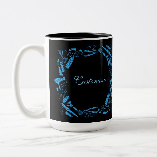 Black & Blue Hair Stylist  Two-Tone Coffee Mug (Left)