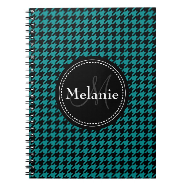 Black Blue Houndstooth Monogrammed Pattern Spiral Notebook (Front)