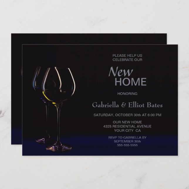 Black Blue Housewarming Wine Glass Party Invitation (Front/Back)