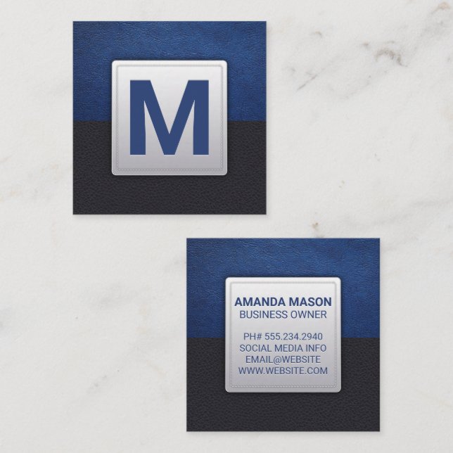 Black Blue Leather | Monogram Square Business Card (Front/Back)