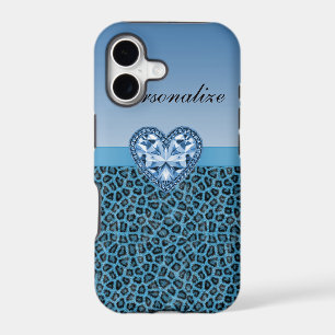 Black & Blue Leopard Print & Bling Heart