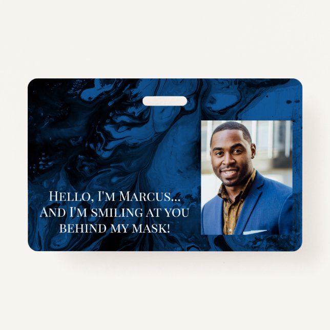 Black & Blue Marble Hello Behind the Mask ID Badge (Front)
