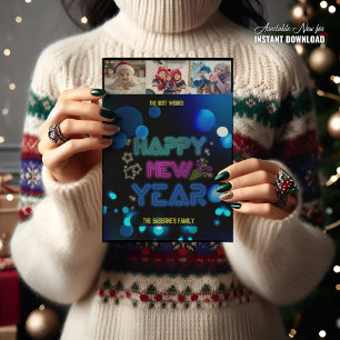 Black & Blue Midnight Sparkle Neon Glow New Year  Card