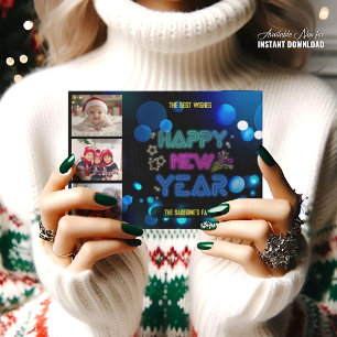 Black & Blue Midnight Sparkle Neon Glow New Year Card