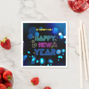 Black & Blue Midnight Sparkle Neon Glow New Year Napkin