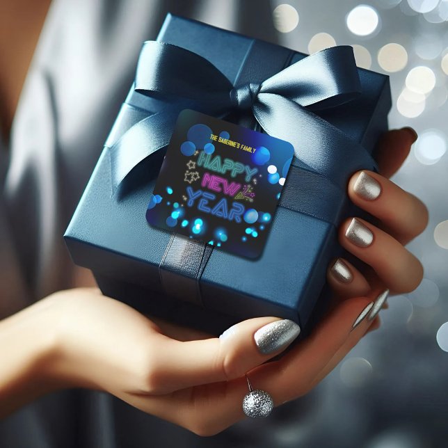 Black & Blue Midnight Sparkle Neon Glow New Year  Square Sticker (Creator Uploaded)