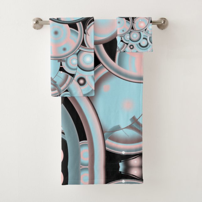 Black Blue Mocha Pink Gradient Concentric Circle Bath Towel Set (Insitu)