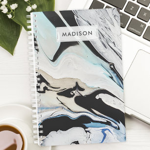 Black Blue Modern Liquid Ink Marble Personalised Planner