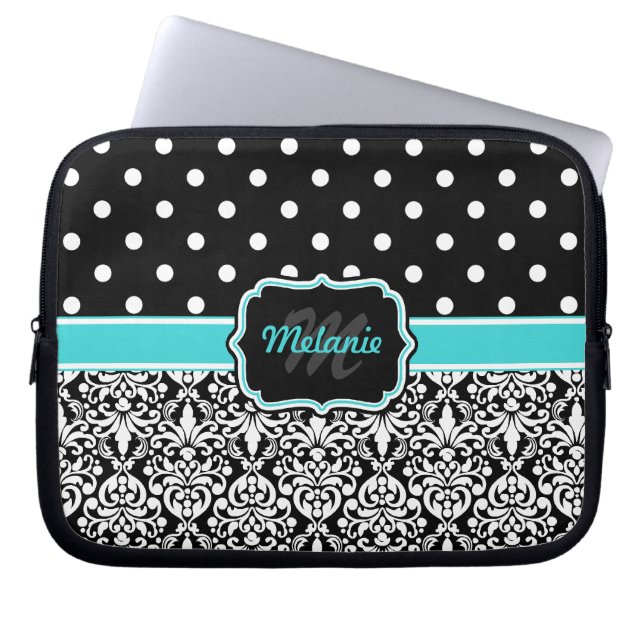 Black Blue Monogrammed Damask Polka Dot Laptop Sleeve (Front)