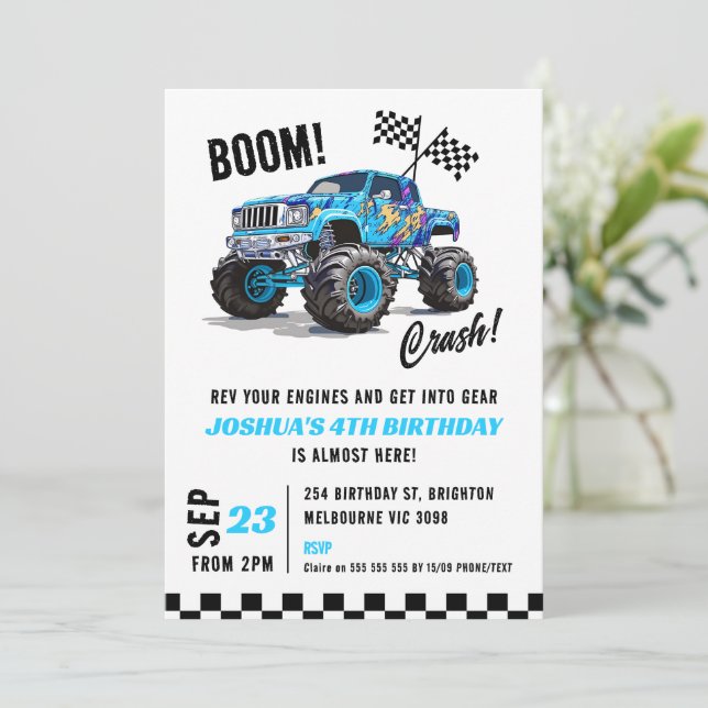 Black Blue Monster Truck Birthday Invitation (Standing Front)