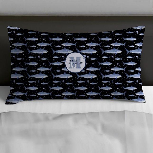 Black & Blue Name + Watercolor Monogram Shark Pillowcase (Creator Uploaded)