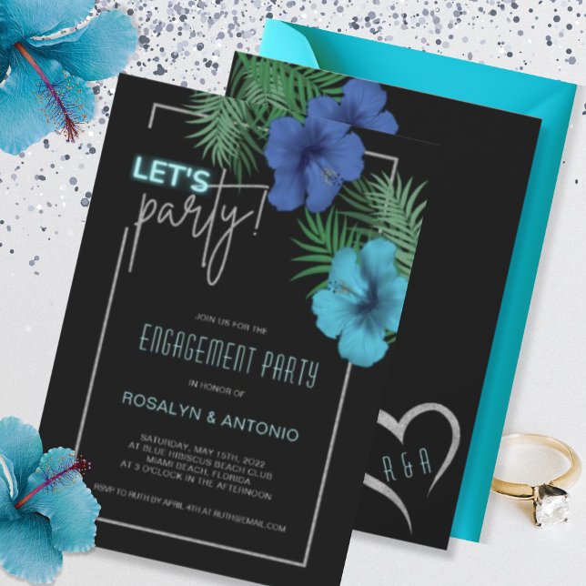 Black Blue Neon Tropical Engagement Party Invitation (Creator Uploaded)