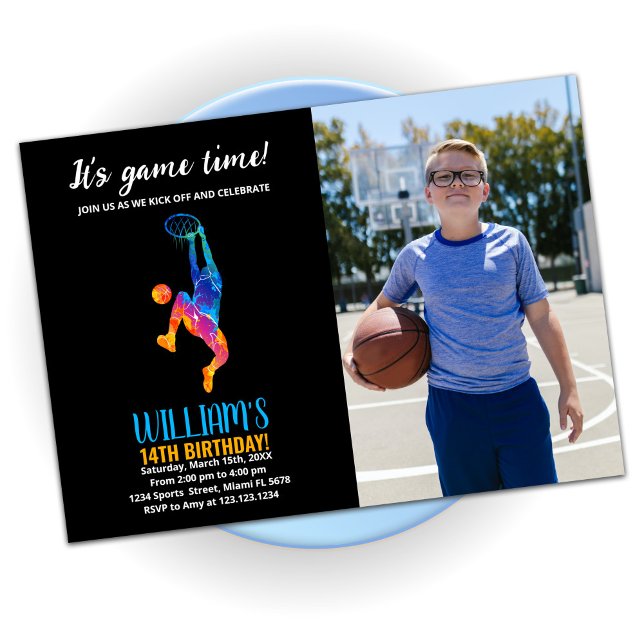 Black Blue Orange Basketball Birthday With Photo Invitation (Creator Uploaded)