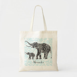 Black & Blue Ornate Swirls Elephant -Custom Tex Tote Bag