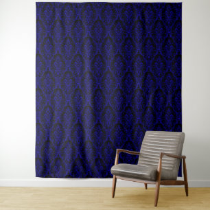 Black Blue Outline Damask Floral Elegant Backdrop Tapestry
