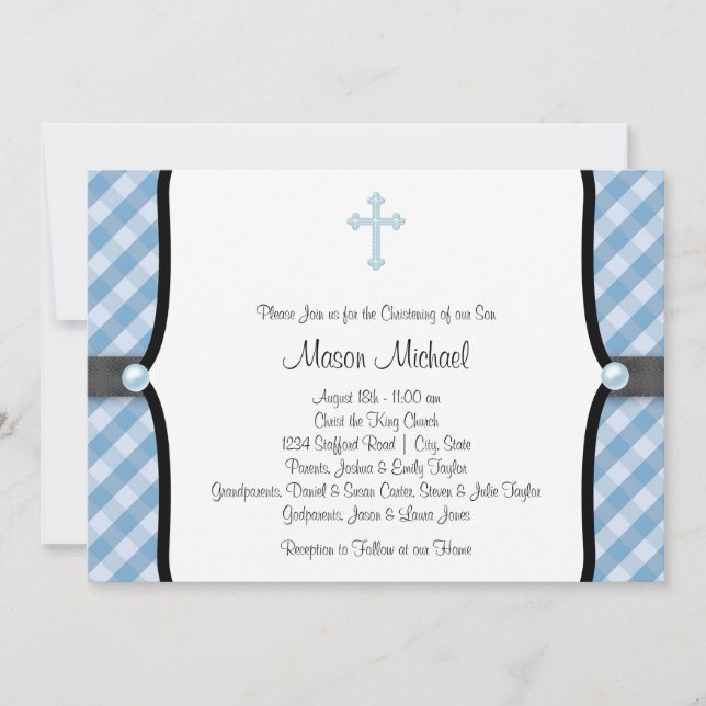 Black Blue Pearl Cross Blue Gingham Christening Invitation (Front)