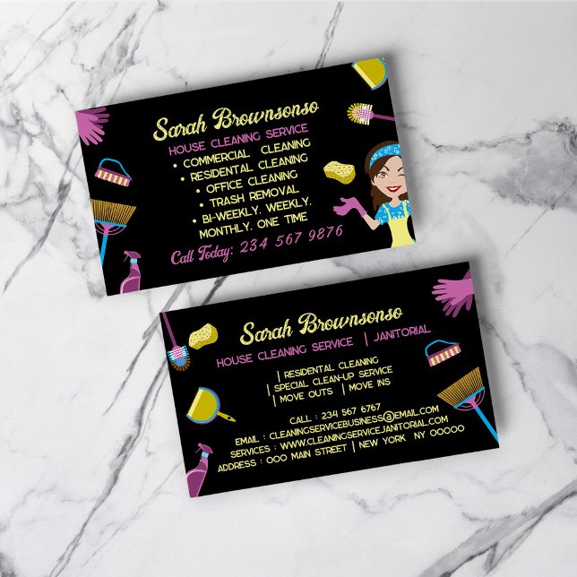 Black Blue Pink Housekeeper cleaning Janitorial Business Card (Black Blue Pink Housekeeper cleaning Janitorial Business Card)