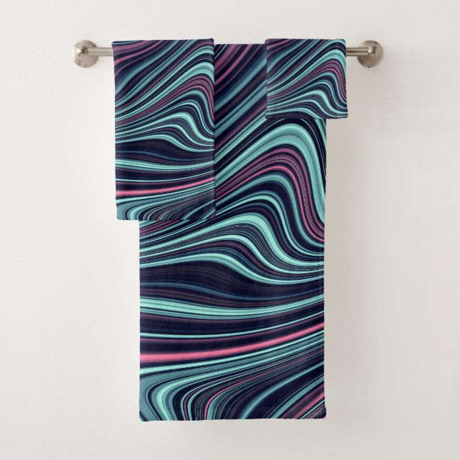 Black Blue Pink Wavy Marbling Agate Abstraction Bath Towel Set (Insitu)