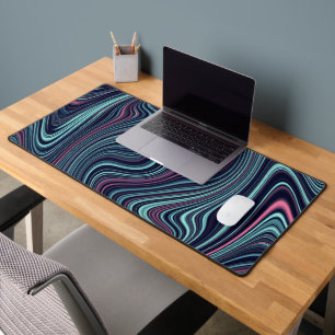 Black Blue Pink Wavy Marbling Agate Abstraction Desk Mat