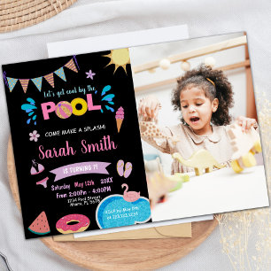 Black Blue Pool Birthday Invitations with photo