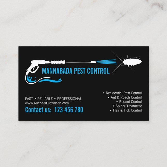 Black Blue Professional Pest Control Exterminator Business Card (Front)