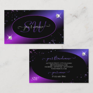 Black Blue Purple Glitter Stars Jewels Monogram Business Card