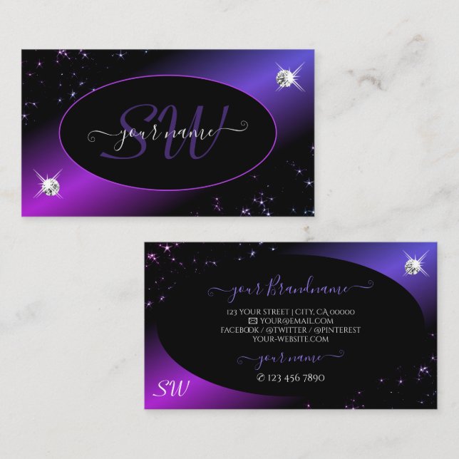 Black Blue Purple Glitter Stars Jewels Monogram Business Card (Front/Back)