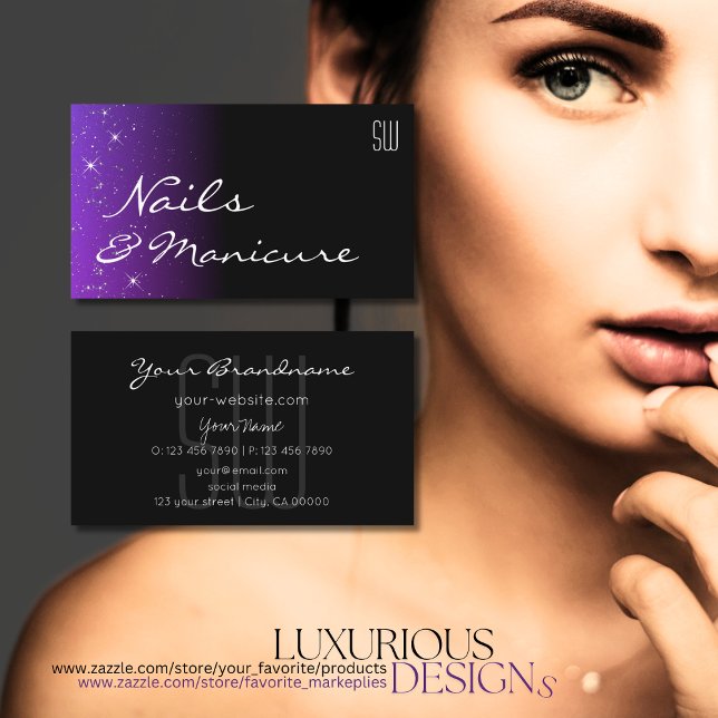 Black Blue Purple Glitter Stars with Initials Chic Business Card (Creator Uploaded)