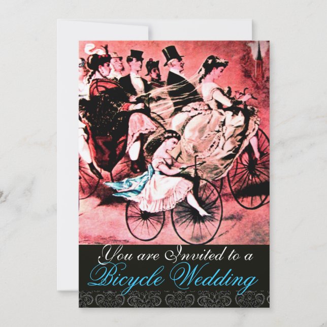 BLACK BLUE RED BICYCLE WEDDING DAMASK MONOGRAM, INVITATION (Front)