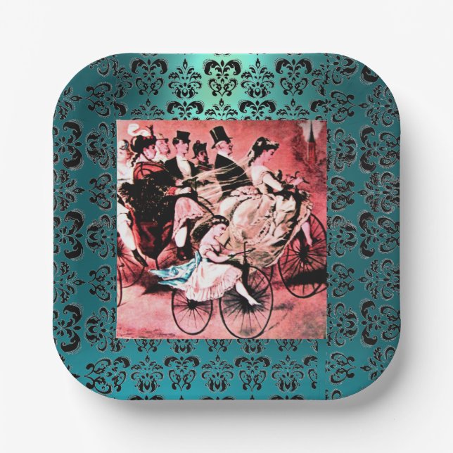 BLACK BLUE RED BICYCLE WEDDING PARTY PAPER PLATE (Front)