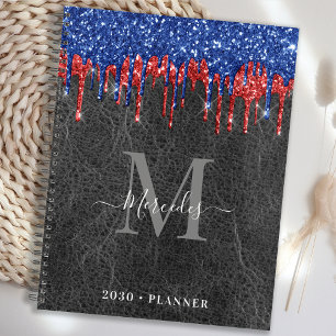 Black Blue Red Glitter Drips Leather Monogram  Planner