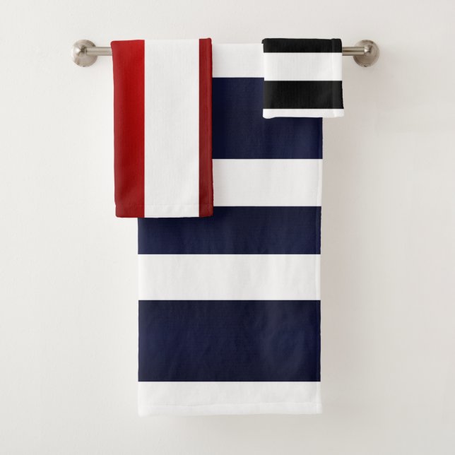 Black Blue Red White Stripes Bath Towel Set (Insitu)
