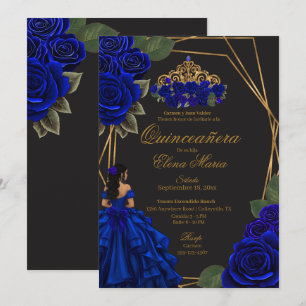 Black Blue Roses Gold Princess Quinceañera Invitation