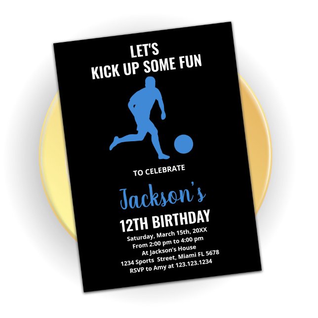 Black Blue Running Soccer Birthday Invitations (Creator Uploaded)
