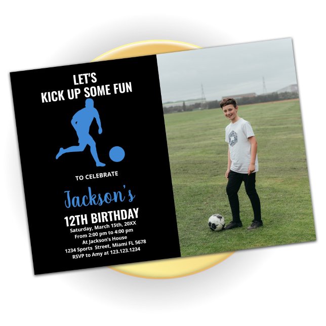 Black Blue Running Soccer Birthday with photo Invitation (Creator Uploaded)