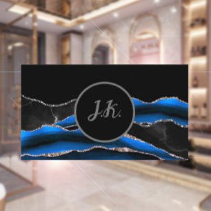 Black Blue Silver Initials Agate Glam Marble Business Card