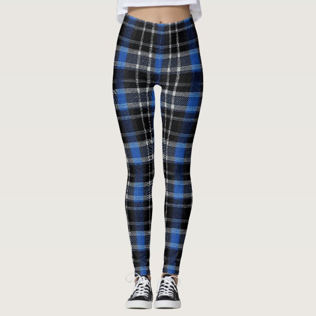 Black Blue & Silver Plaid Tartan Leggings (Front)