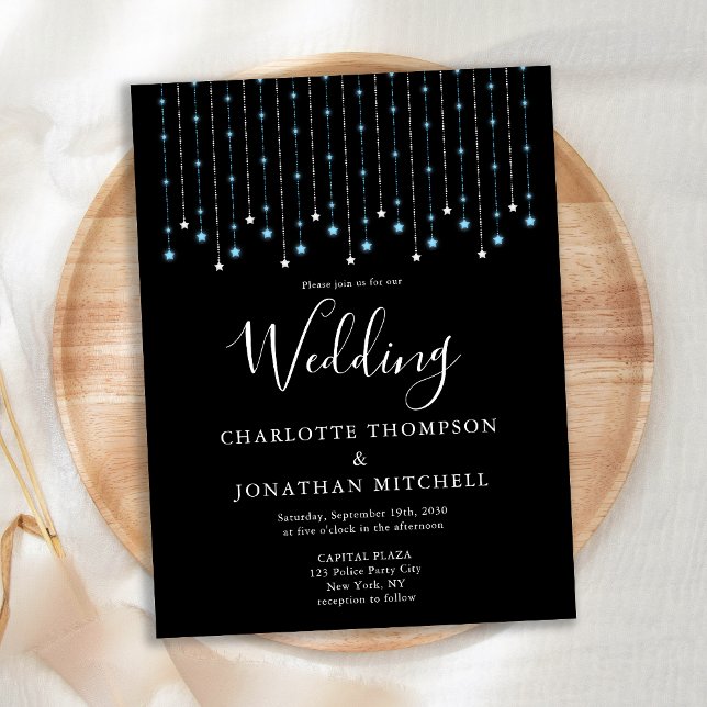 Black Blue Silver Stars String Lights Wedding Invitation Postcard (Creator Uploaded)