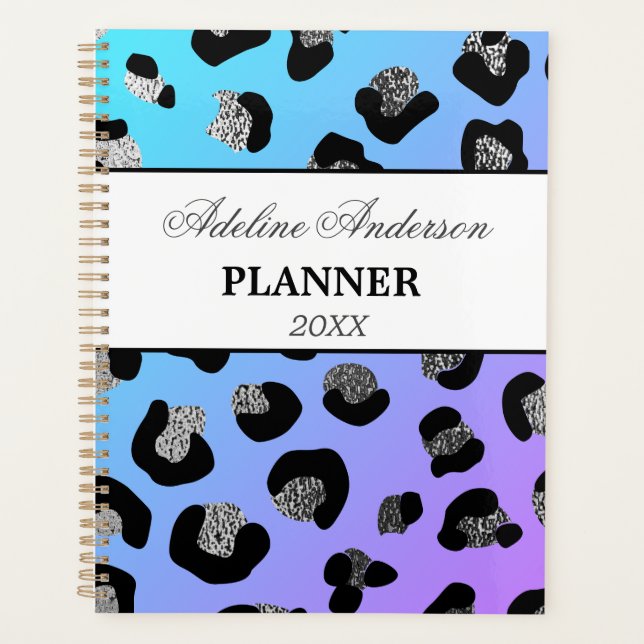 Black Blue Sparkly Leopard Animal Skin Pattern Planner (Front)