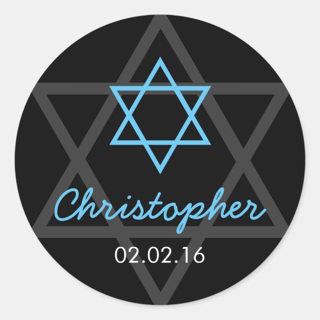 Black Blue Star of David Personalised Bar Mitzvah Classic Round Sticker (Front)