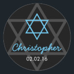 Black Blue Star of David Personalised Bar Mitzvah Classic Round Sticker<br><div class="desc">You can personalise the text on this simple black and aqua blue Jewish Star of David Bar Mitzvah favour tags or envelope seals. The design is elegant and simple in black and aqua blue. Personalised with the name and date of the Bar Mitzvah.</div>