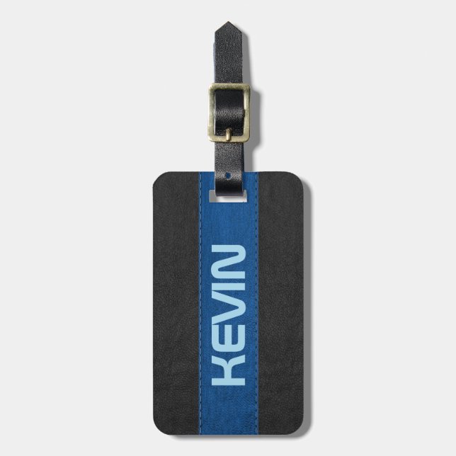 Black & Blue Stitched Vintage Faux Leather Luggage Tag (Front Vertical)