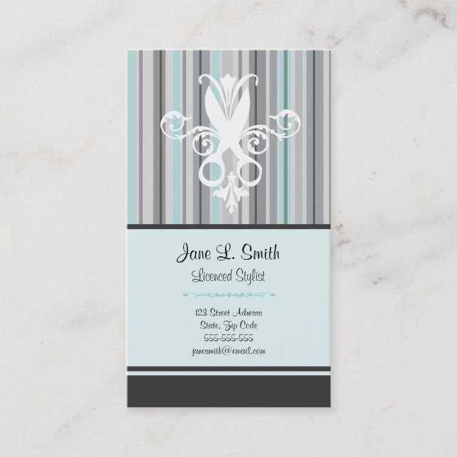 Black/Blue Stripe Scissors Appointment Card (Front)