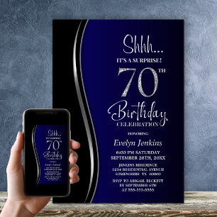 Black Blue Surprise 70th Birthday Invitation