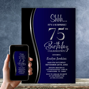 Black Blue Surprise 75th Birthday Invitation