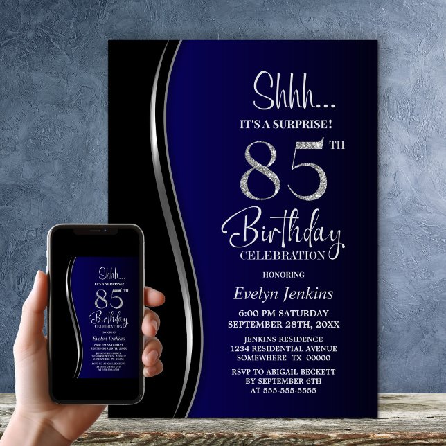 Black Blue Surprise 85th Birthday Invitation (Creator Uploaded)