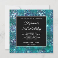 Black Blue Teal Diamond Studded Foil 21st Birthday