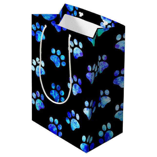 Black Blue Textured Paw Print Pattern Medium Gift Bag (Back Angled)