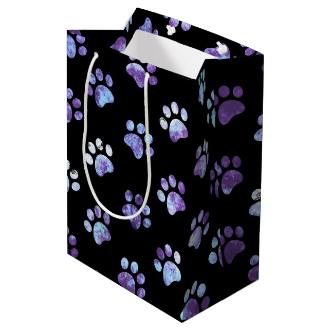 Black Blue Textured Paw Print Pattern Medium Gift Bag (Back Angled)