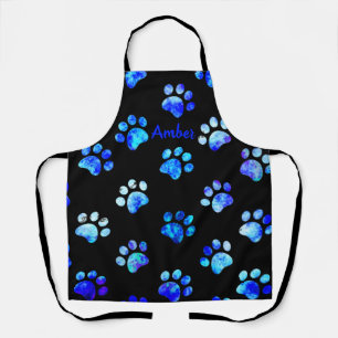 Black Blue Textured Paw Print Pattern Personalised Apron